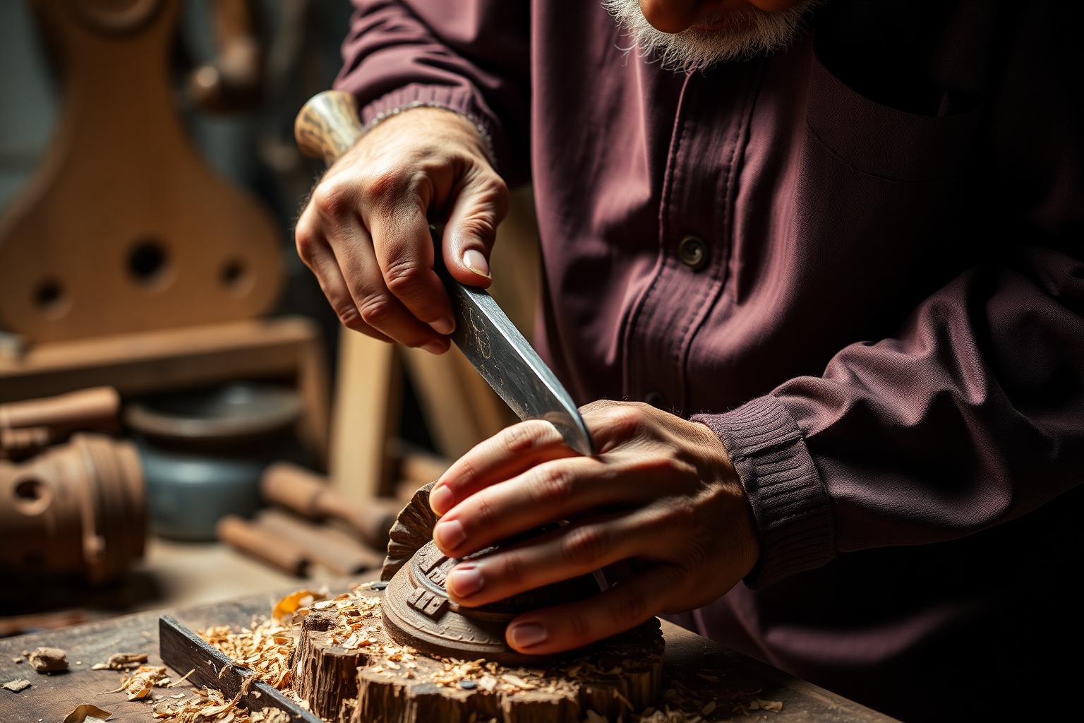 Master artisan carving wooden sculpture